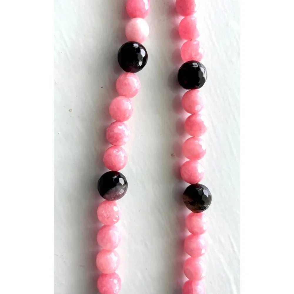 Pink & Black Beaded Necklace With Floral Cloisonné Beads & Silver Accents - Picture 2 of 7